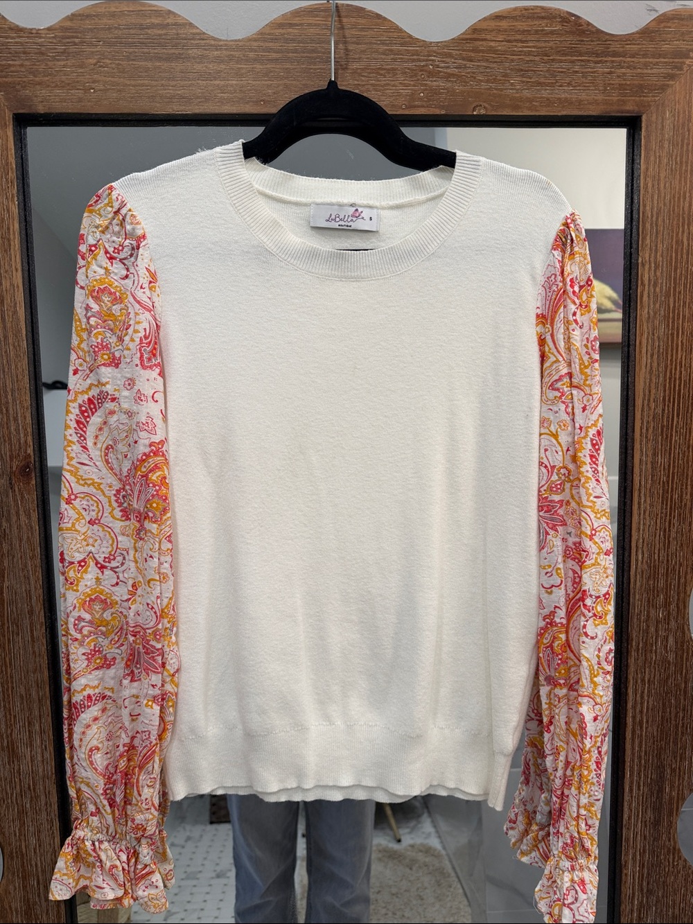Cream Sweater with Pink & Yellow Paisley Sleeves